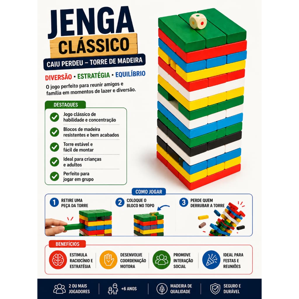 Jogo Caiu Perdeu Torre 54 Peças De Madeira Brinquedo de Pais e Filhos Equilíbrio Coordenação