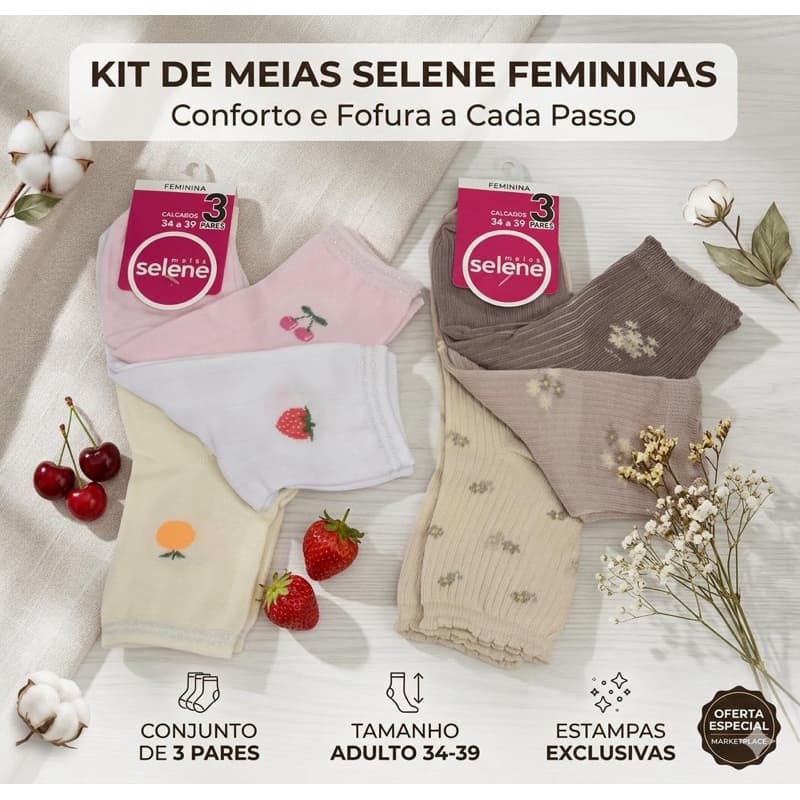 Kit 03 Pares de Meias Cano Médio Soquete Feminino Algodão Selene Tamanho 34 a 39