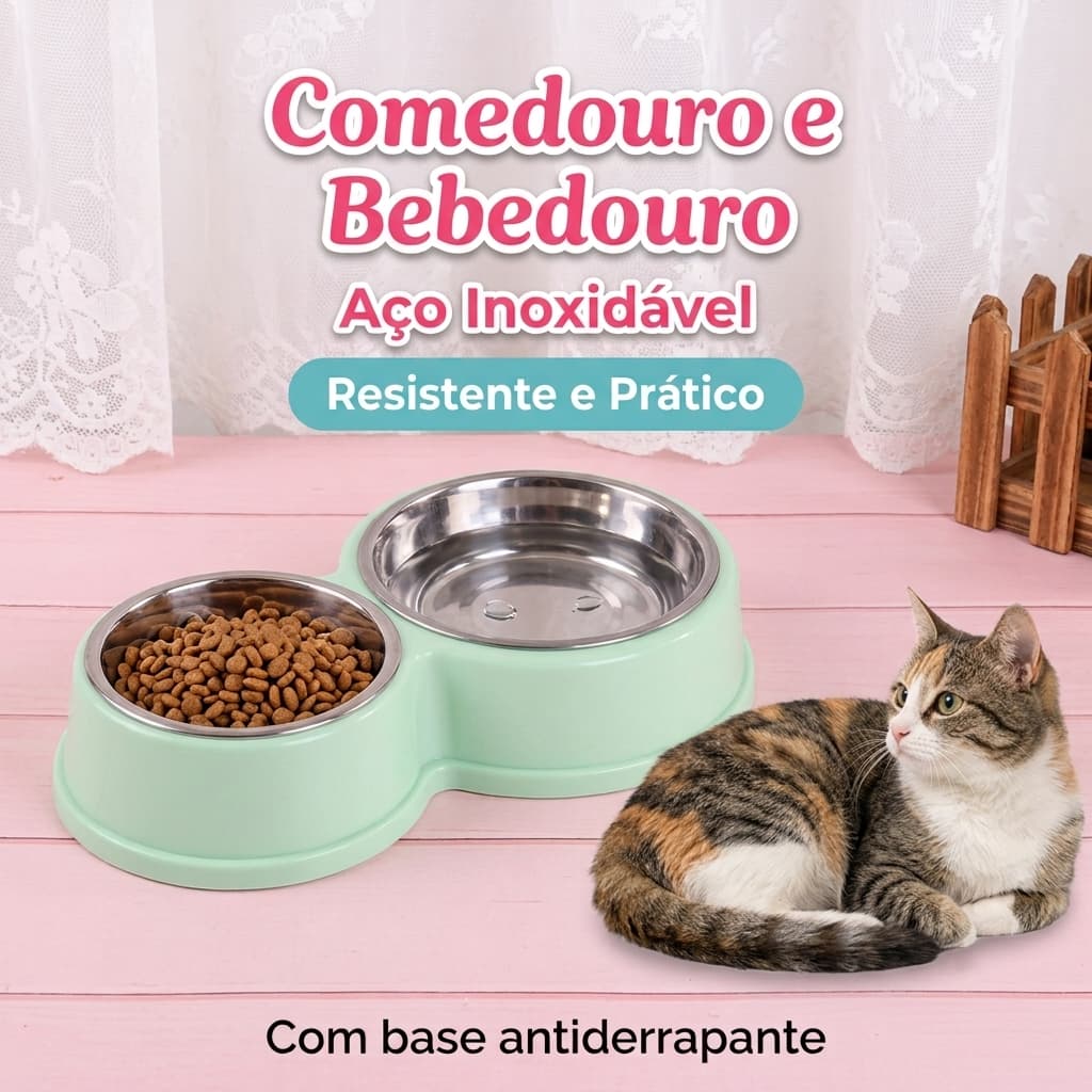 Comedouro Bebedouro 2 Em 1 Para Pet Tigela Aço Inox Removível