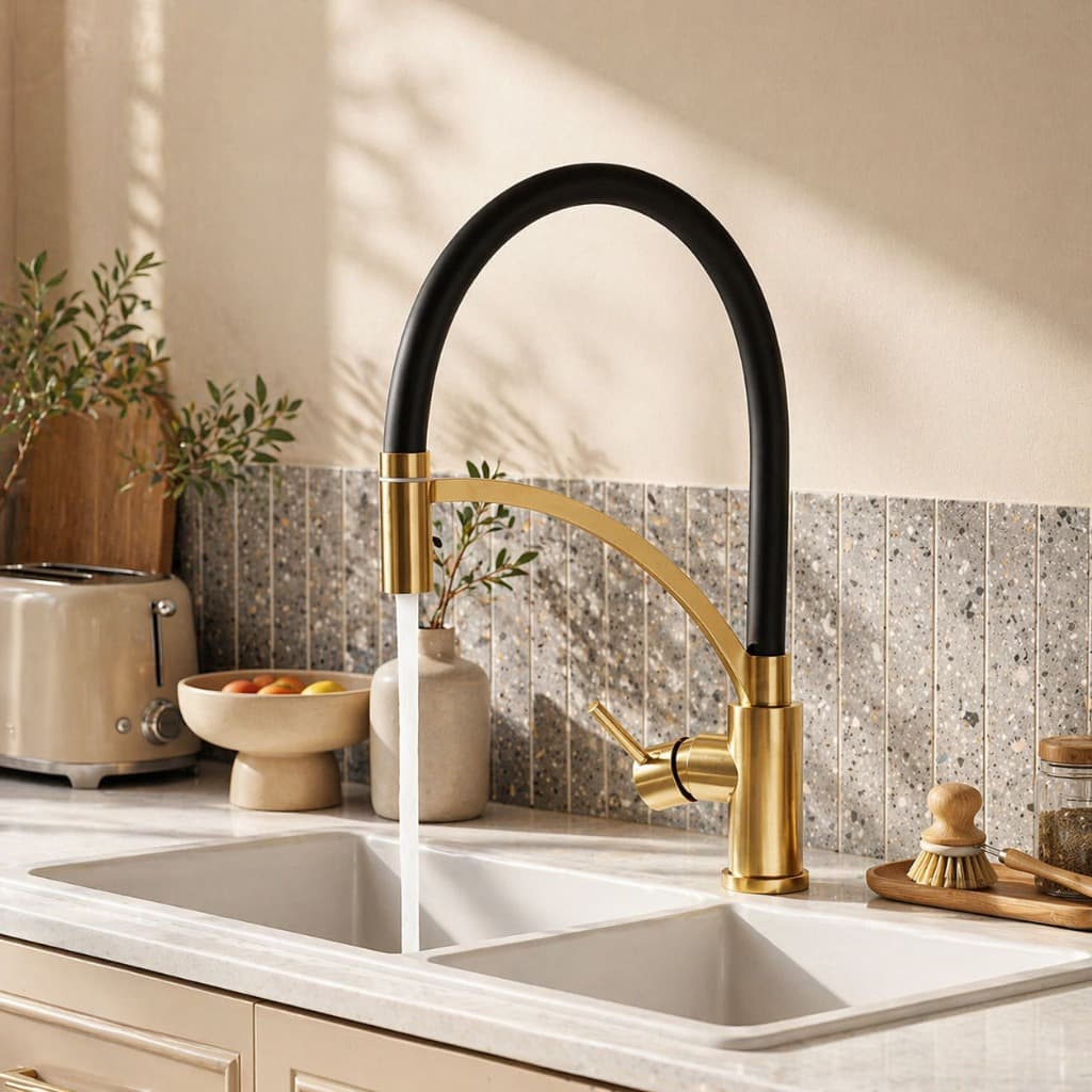 Torneira Cozinha Inox 304 Quente e Fria Flexível 360° com Arejador Cromado Preto Dourado Heemli