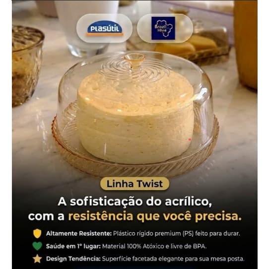 Queijeira com Tampa Resistente Plasútil Linha Twist Cor:Dourado Presente dia dos Pais