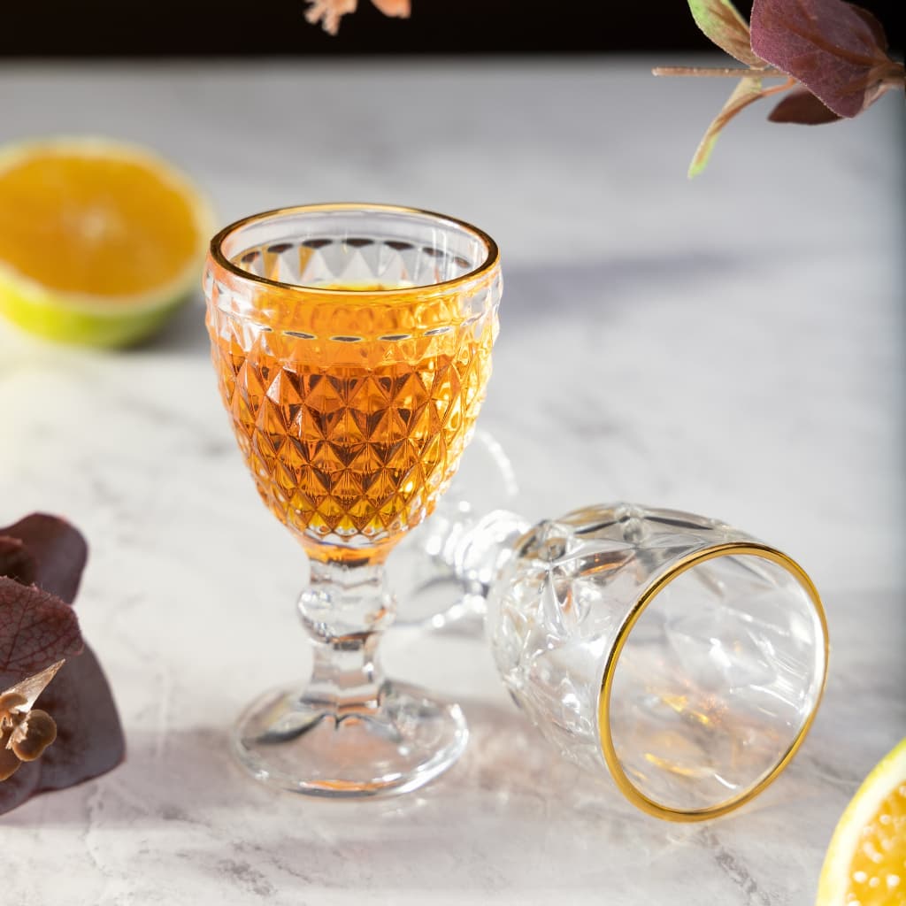 Jogo 6 Taças Licor Fio De Ouro De Vidro Diamond Luxo Lyor Conjunto com 6 Taças Luxo modelo Fio de Ouro Gold Decoração