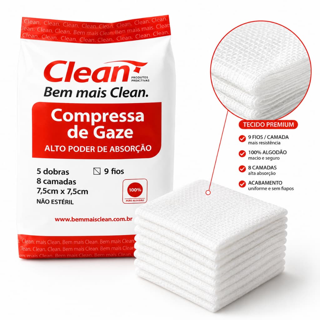 Compressa de Gaze 9 Fios 7,5x7,5cm 180g Algodão Pacote Curativo Hidrófila Clean Não Estéril