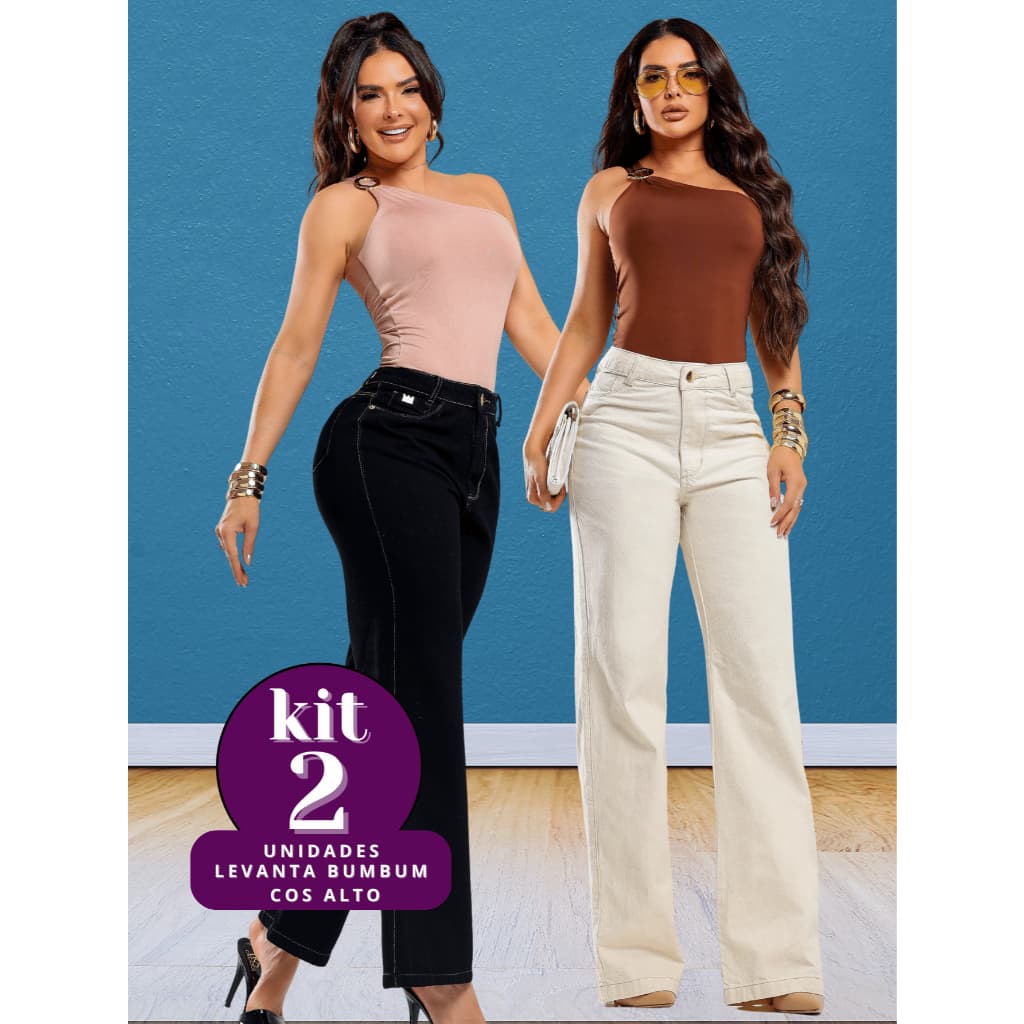 Kit 2 Calças Jeans Feminina Wide leg clara e preto 100% algodão Cintura Alta luxo