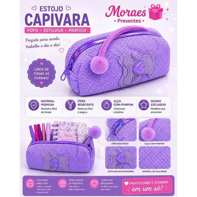 Estojo ursinho peluciado premium, lindo, espaçoso e resistente. Cores: lilás e rosa. Garanta o seu!