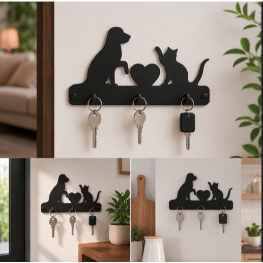 Porta Chaves de Parede 4 Ganchos Organizador Decorativo Gato Cachorro Coração  Moderno Funcional