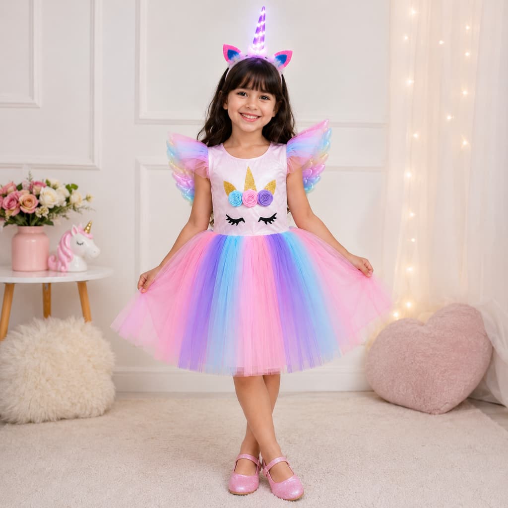 Vestido Fantasia Infantil 3 A 10 Anos Unicórnio Princesa Estilo Com Asa Tiara Led