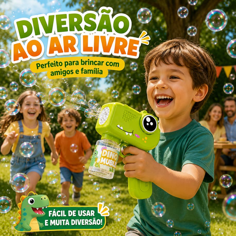 Brinquedo Infantil Pistola de Bolhas Dinossauro com Líquido Festa Aniversário Crianças