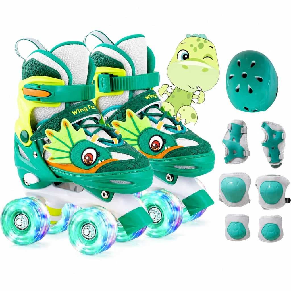 Patins Quad Infantil Dinossauro Verde + KIT LINDO Ajustável + Led Nas Rodinhas