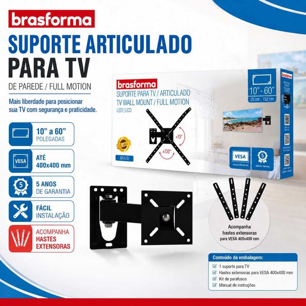 Suporte TV LED Plasma LCD Articulado 10 - 60 BRA 3.0 Reforçado Facil Instalaçao Brasforma