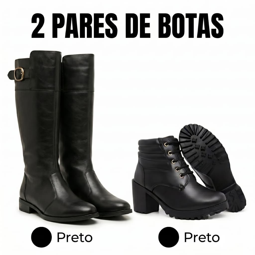Kit 2 Botas Monalisa e Dara Feminina Cano Alto e Médio Preta e Marrom Couro Sintético Salto Baixo Elegante Confortável