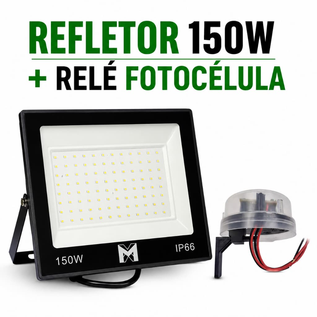 Refletor LED Alumínio 150W Bivolt IP66 Slim + Relé Fotocélula QR51 Qualitronix Grátis