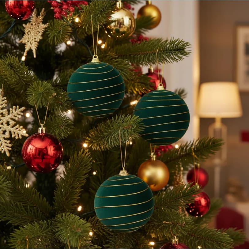 Jogo 3 Bolas De Natal Veludo Verde E Dourado 10cm