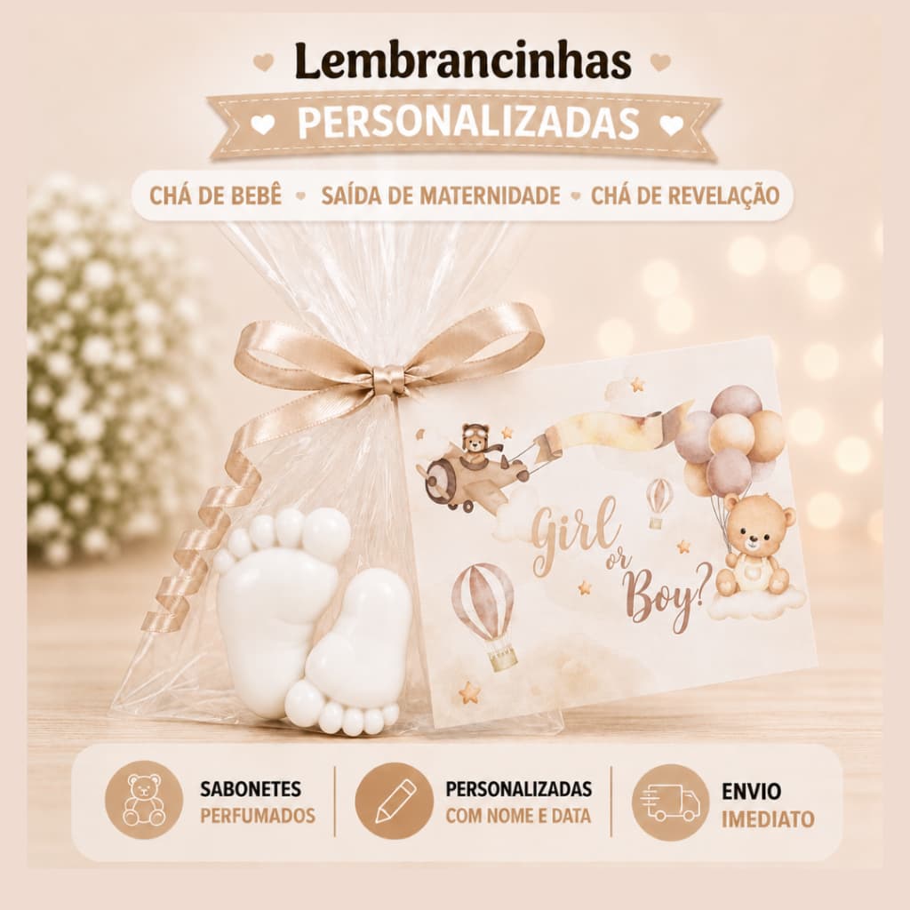 90 Mini Pezinhos Lembrancinha - Chá de Bebê (45 Pares) Sabonetes Perfumados-Chá revelação