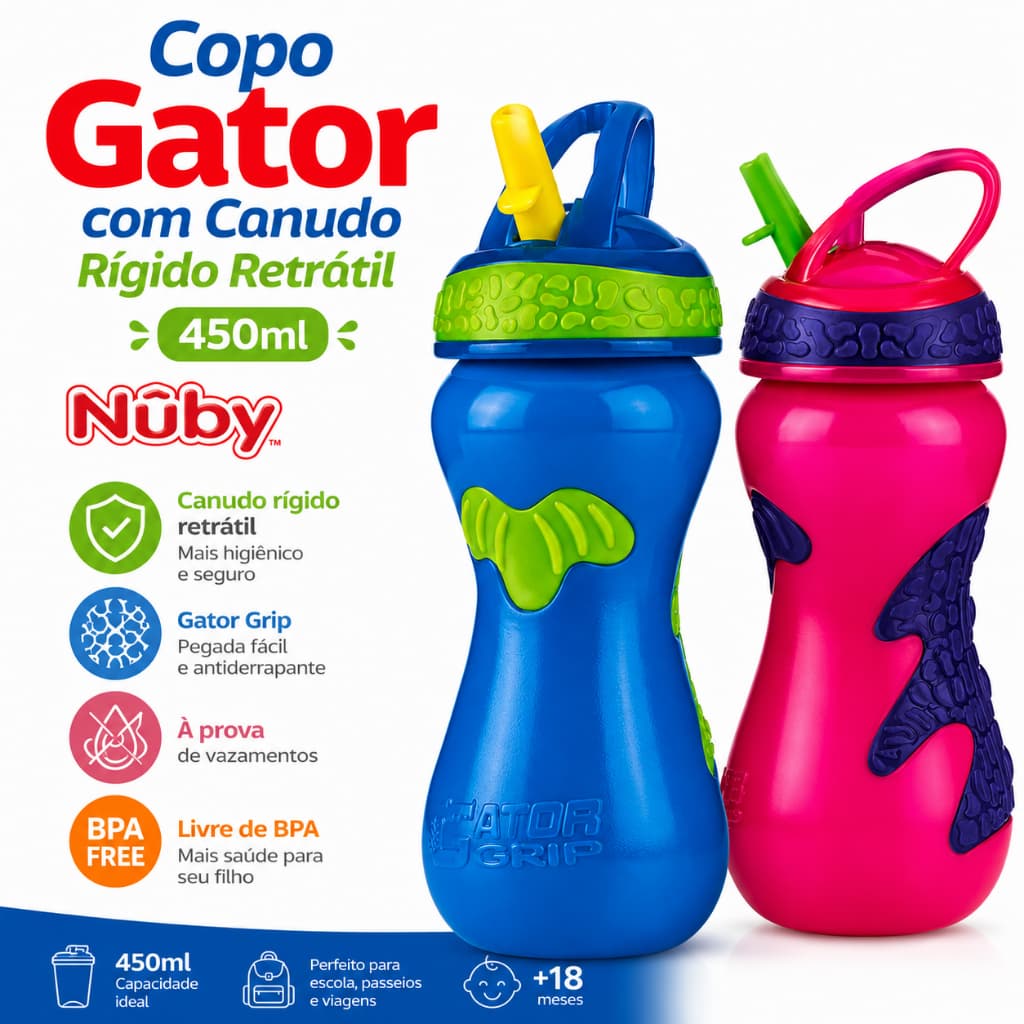 Copo Infantil com Canudo Rígido Retrátil Gator 450ml Nûby