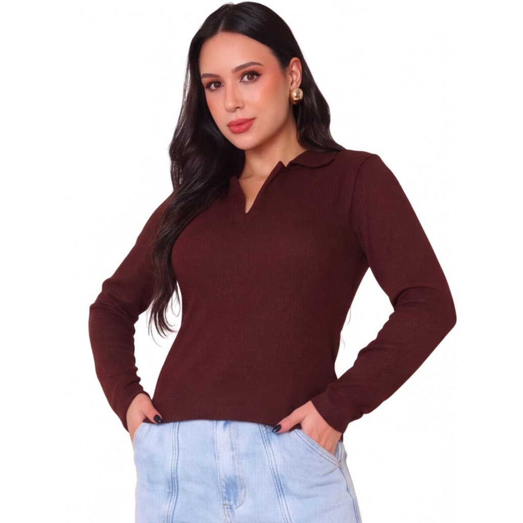 Blusa de Frio Feminina Tricot Gola Polo Suéter Inverno Casual Lanzinha Manga Comprida P M G GG