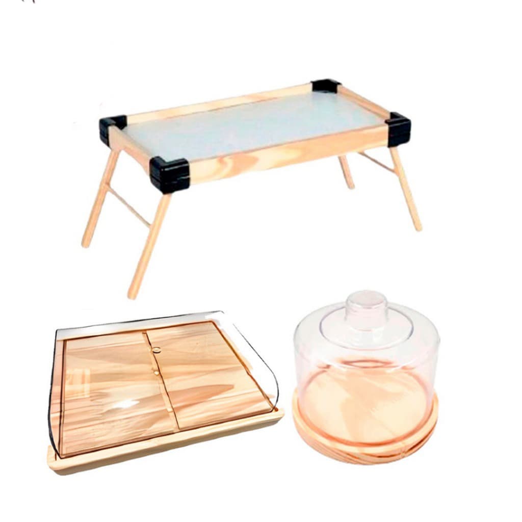 OFERTA 9.9 KIT 3Pçs Café Manhã, Bandeja, Queijeira, P. Frios Médio (21x16,5cm) de  Madeira Natural