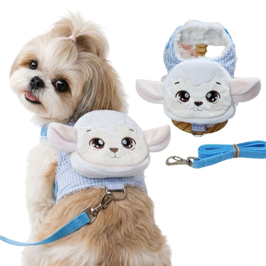 Coleira Peitoral Mochila Ovelha para Cães e Gatos com Guia Azul Ajustavel