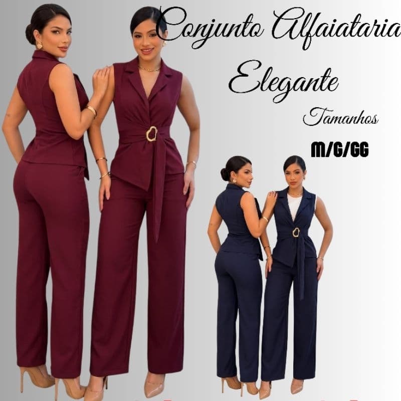 CONJUNTO COLETE E PANTALONA FEMENINA ELEGANTE FIVELA DE METAL DOURADO