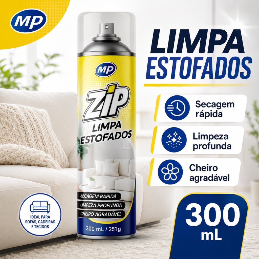 Limpa Estofados Zip Clean 300ml Espuma Seca Sofá Carro Banco Colchão Tapete