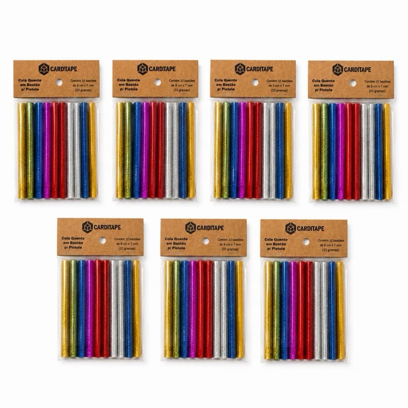 Bastão de Cola Quente Colorido com Glitter 7mm x 9cm Kit 7 cartelas
