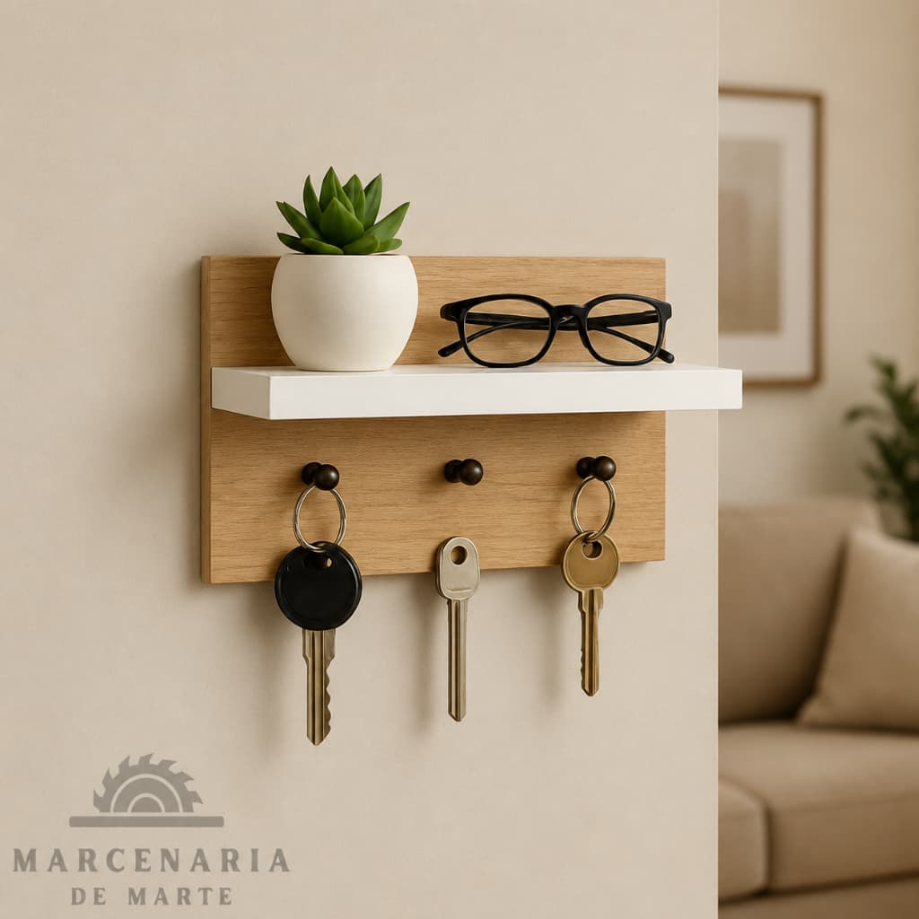 Porta Chave 3 Ganchos Decorativo Com Prateleira Em MDF Branco