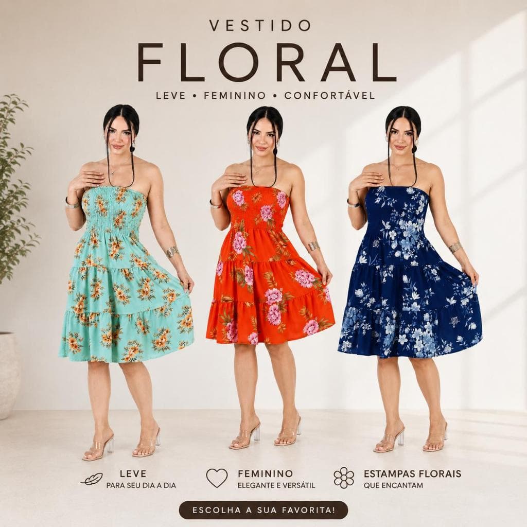 Vestido Feminino Floral Lastex Tomara que Caia Curto Moda Verão Casual Pronta entrega