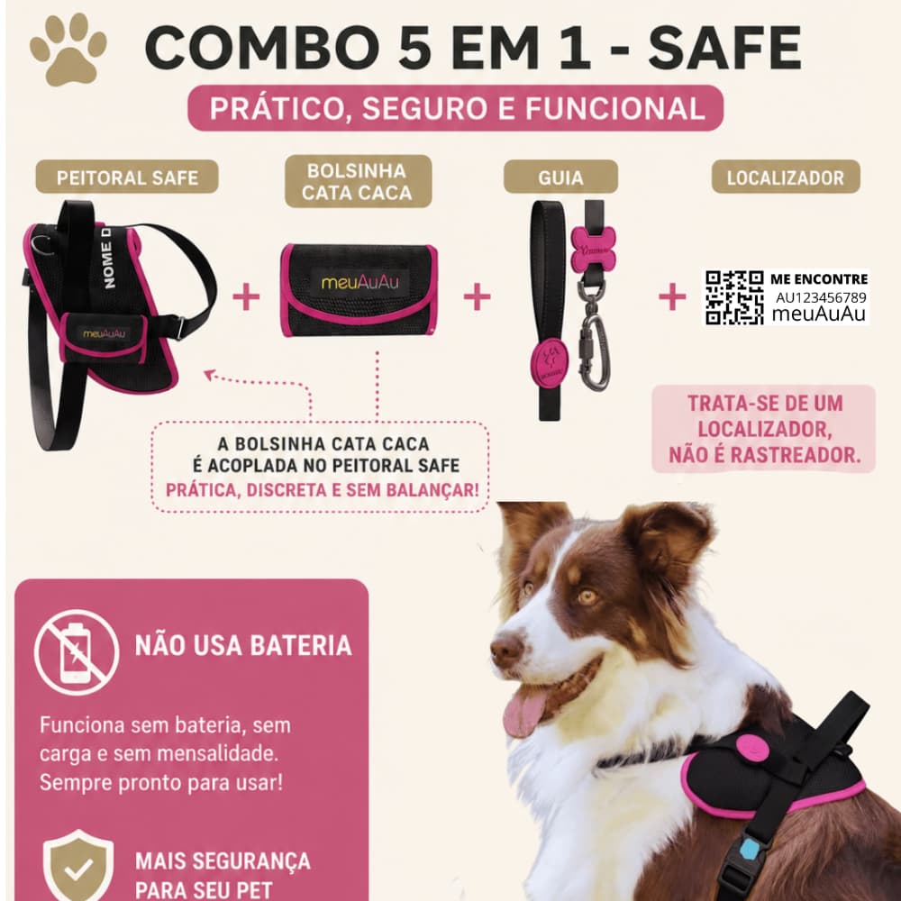 Kit Peitoral Segura para cachorro 5 em 1 com Guia + Nome Personalizado do Pet para todas