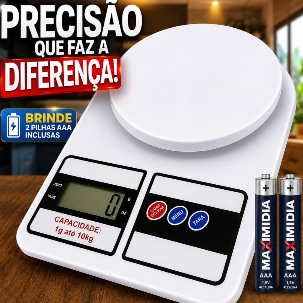 Balança Digital Cozinha Precisão Culinária Capacidade 10Kg Display LCD Compacta Durável Prática Eficiente