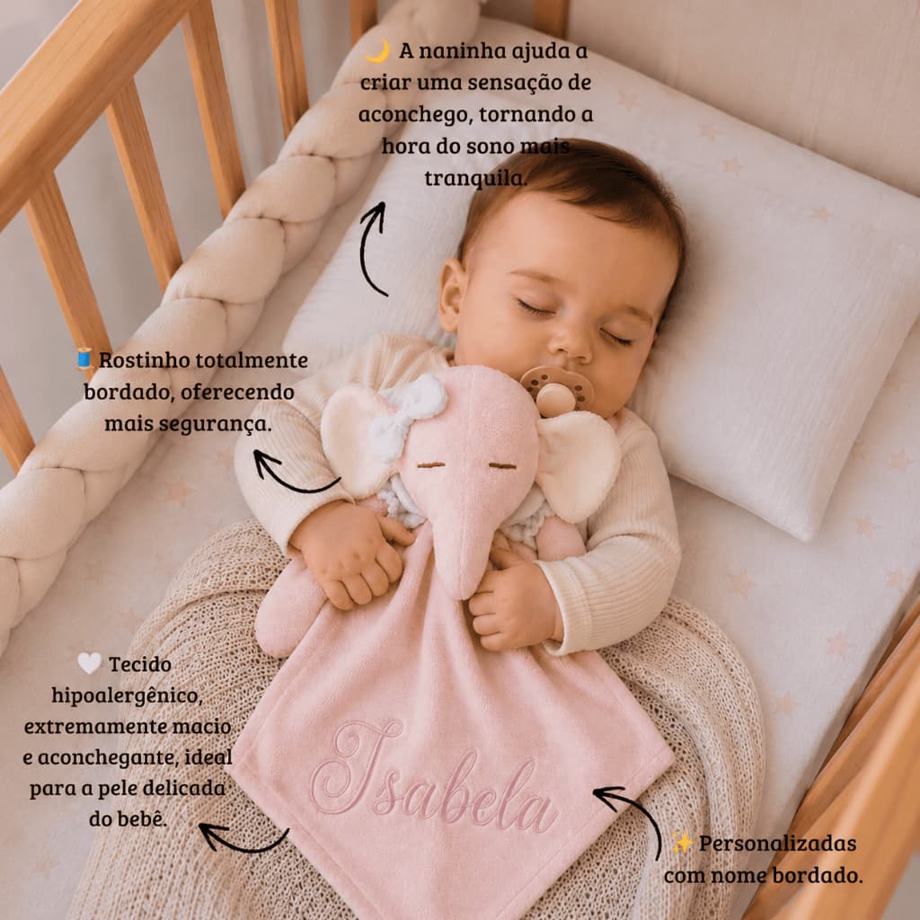 Naninha de Elefantinho para bebê personalizada com nome - Hipoalergênico, Suave, Macia e Segura.