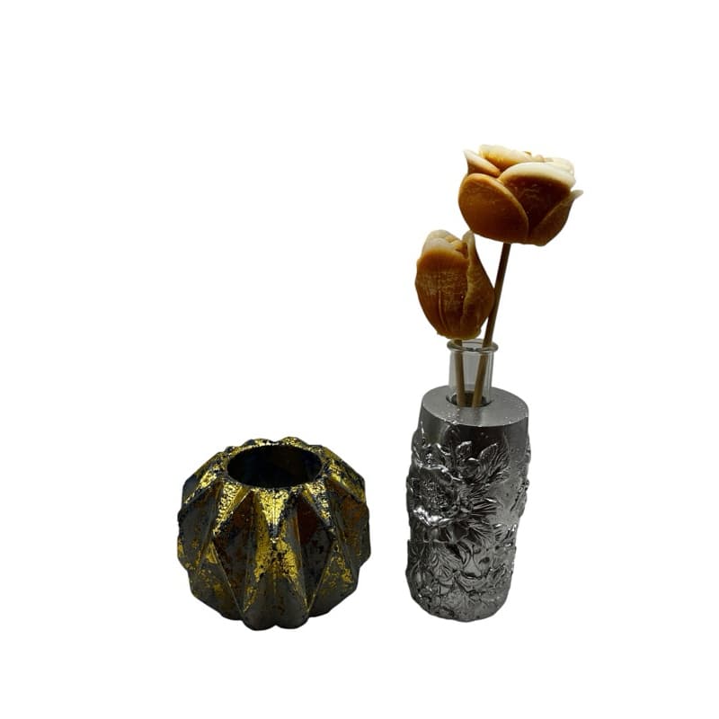 Kit Decorativo Vaso Geométrico + Difusor de Aromas com Flores de Cera | Artesanal | Gesso, Cimento e Pó de Mármore