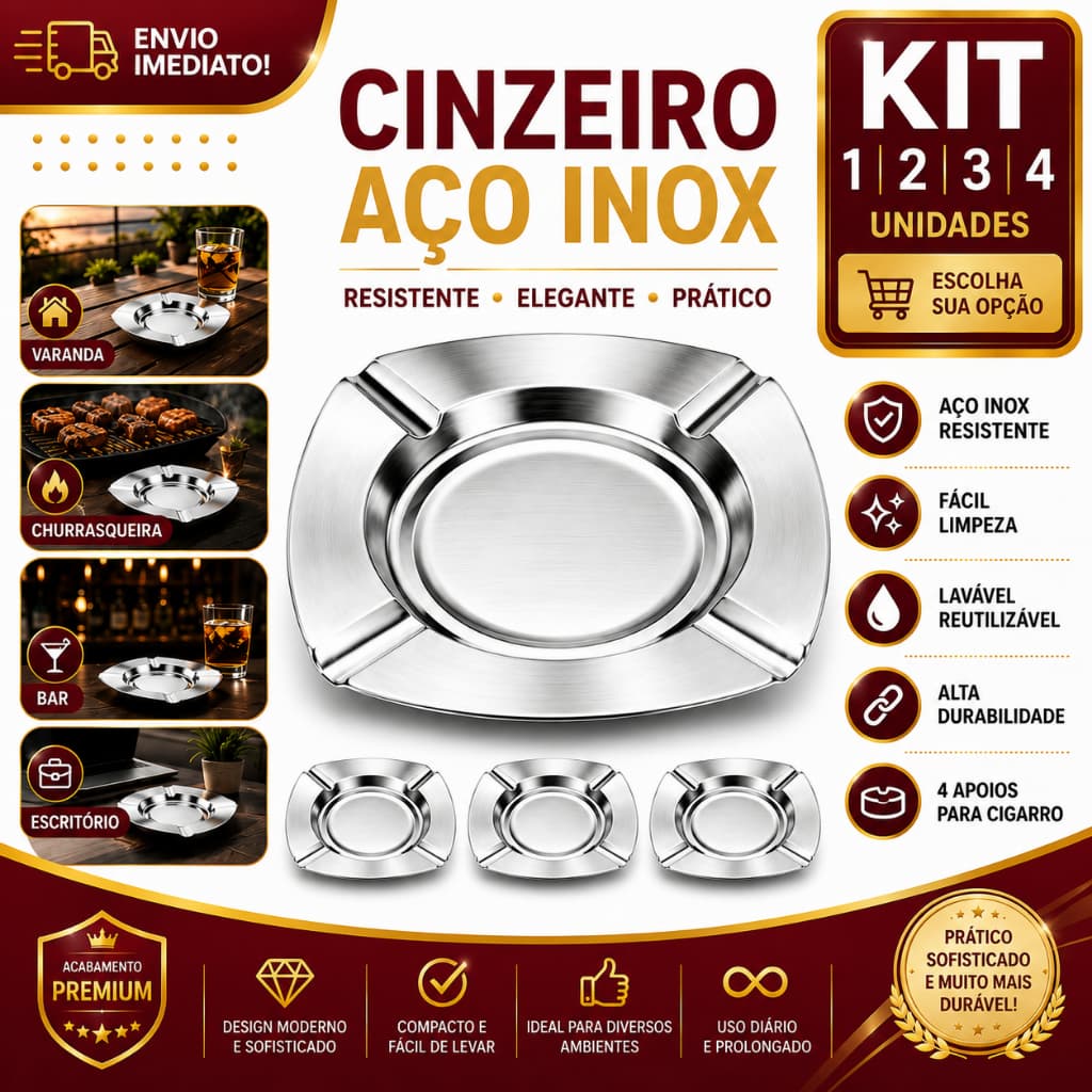 Cinzeiro Aço Inox Quadrado 11cm 1/2/3/4 Unidades Resistente Lavável Premium para Área Gourmet Bar Churrasqueira