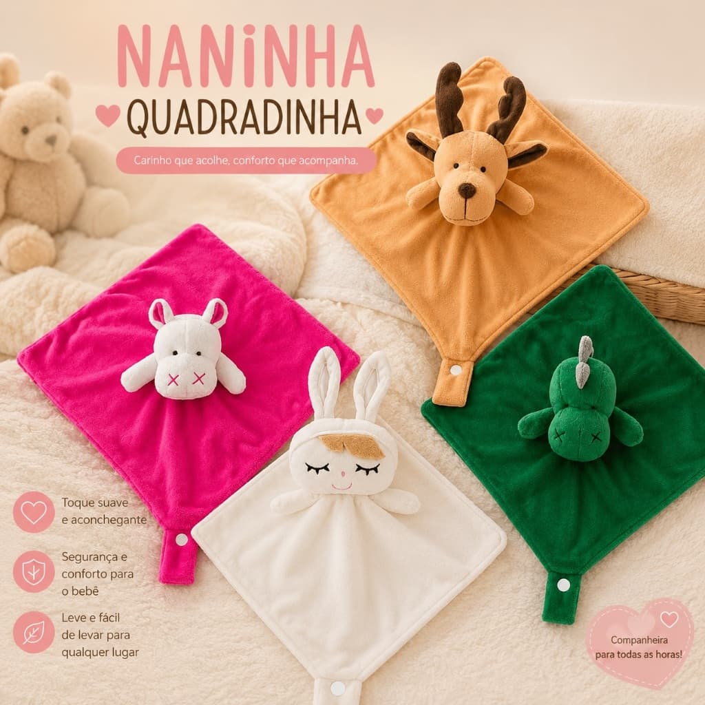 Naninha Plush com Porta Chupeta Quadradinha Soft Antialérgico