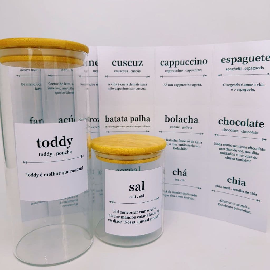 Kit 42 Adesivos Para Mantimentos Potes de Cozinha 7x7cm Modelo Dicionário Divertido Transparente
