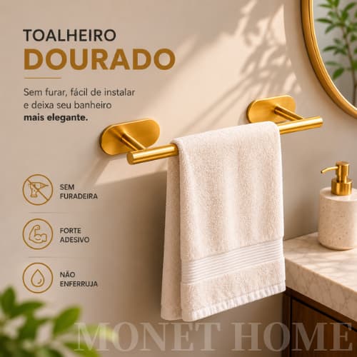 Toalheiro Dourado Adesivo Sem Furar Moderno Elegante Forte para Banheiro Porta Toalha Parede Antiferrugem