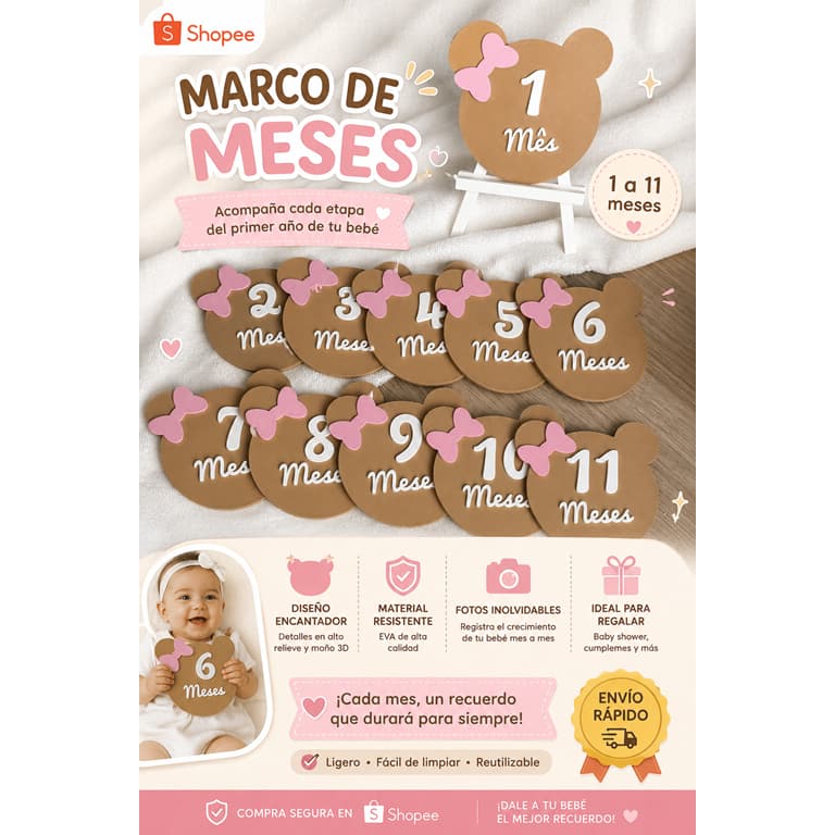 Plaquinhas Mesversário Bebê Ursinha  | Cenário para Fotos | Decoração | Personalizado
