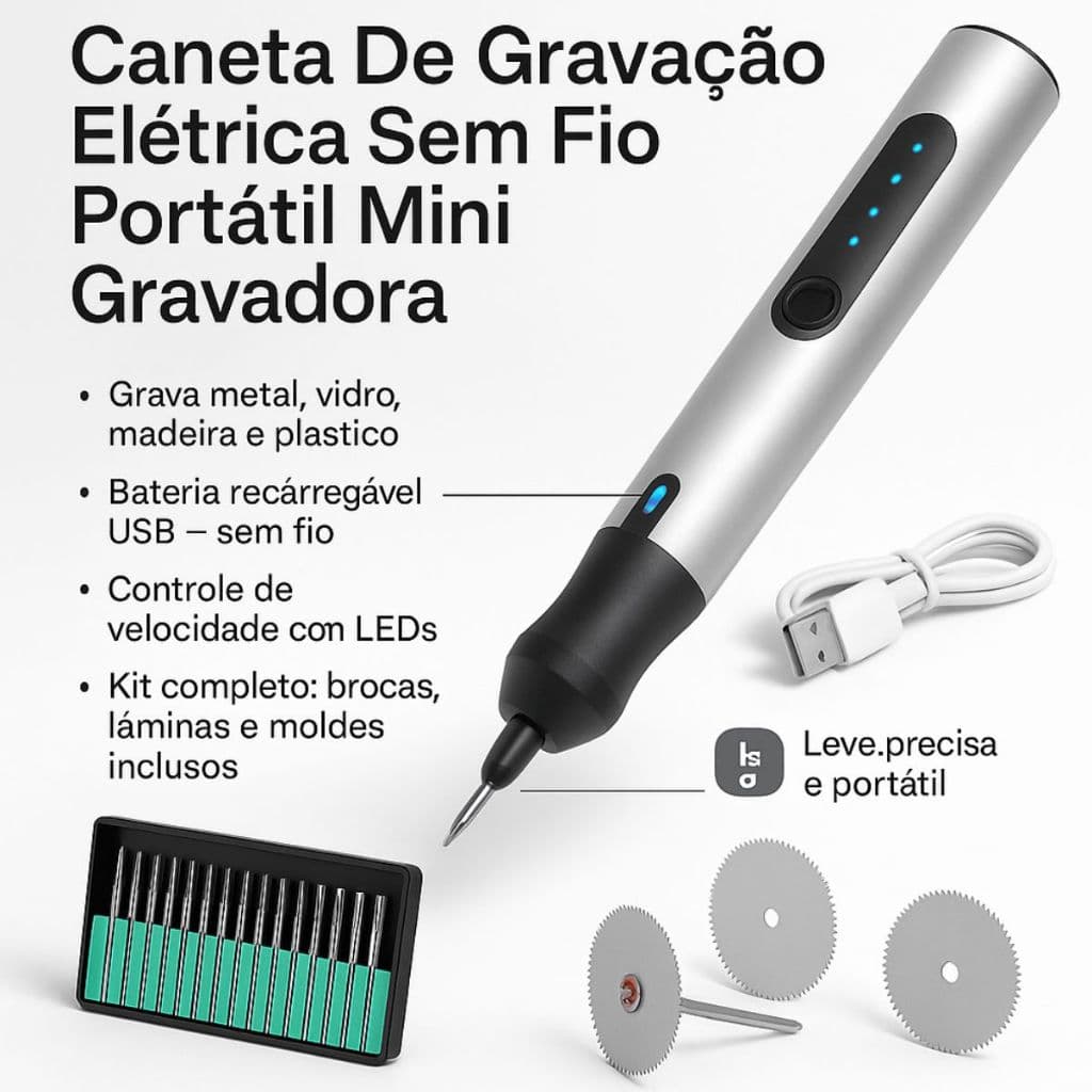 Caneta Gravadora Elétrica Sem Fio Recarregável Para Metal Madeira Vidro Plástico Personalização