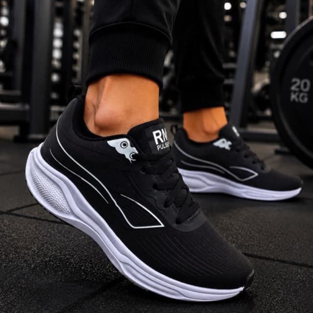 Tênis Esportivo Masculino Academia Caminhada Corrida Rn pulse Leve Confortável Casual Preto com Branco