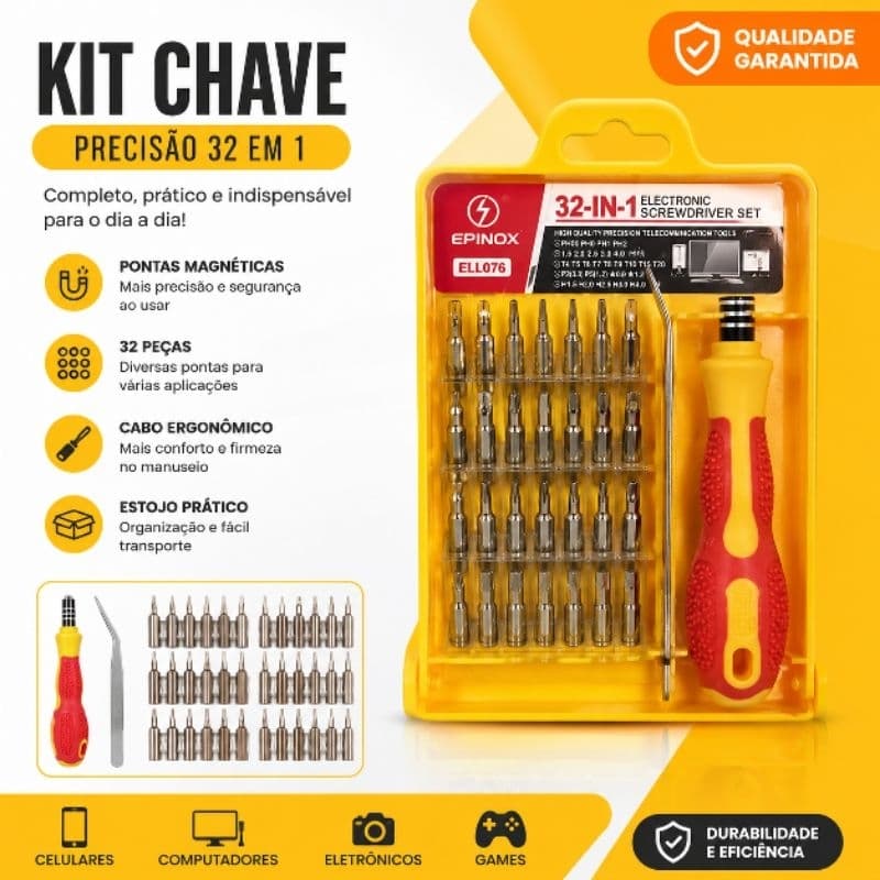 Kit Chave de Precisão 32 em 1 Magnética para Celular Notebook PC Relógio Eletrônicos