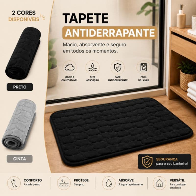 Tapete Banheiro Antiderrapante Pedras - Preto e Cinza