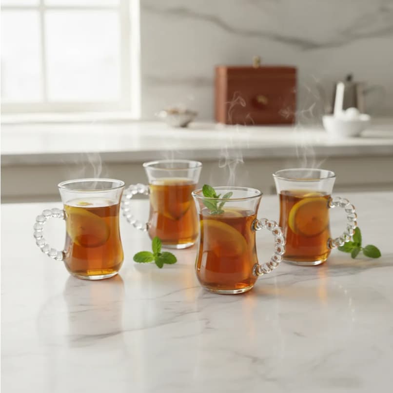 Jogo 6 Xícaras 200ml De Vidro Para Café e Chá Com Alça Linha de Bolinha Mesa Posta Premium
