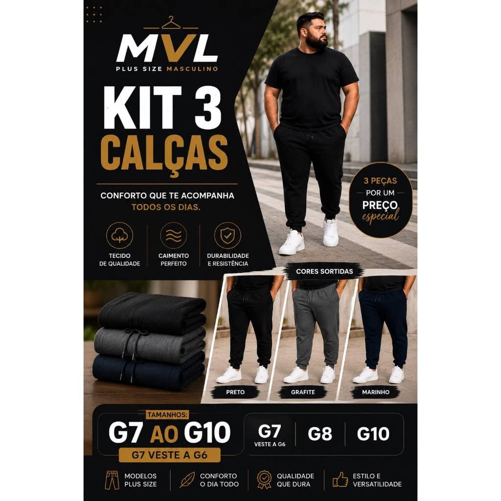 Calça Masculina Plus Size Kit 3 Peça G7, G8 e G10 Esporte Academia