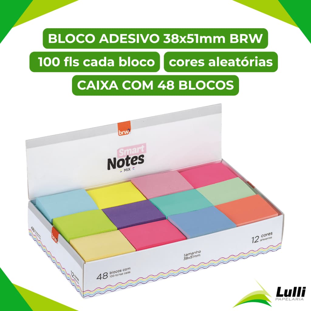 Bloco Adesivo Post It 38x51mm BRW 100 Folhas Mix Colorido Cx. 48 Recado Anotações Escritório