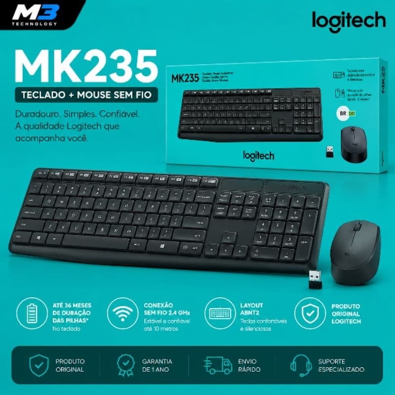 Kit Teclado e Mouse Sem Fio Logitech MK235 ABNT2 Wireless USB Original Preto