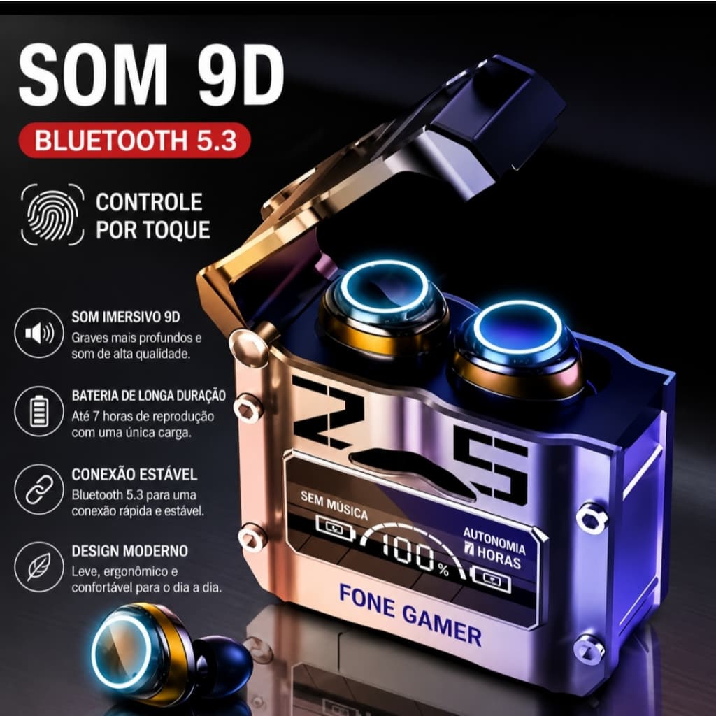 Fone de Ouvido M25 TWS Wireless Bluetooth 5.3, Sem Fio, Redução de Ruído, Chamada com Microfone, Games e Música