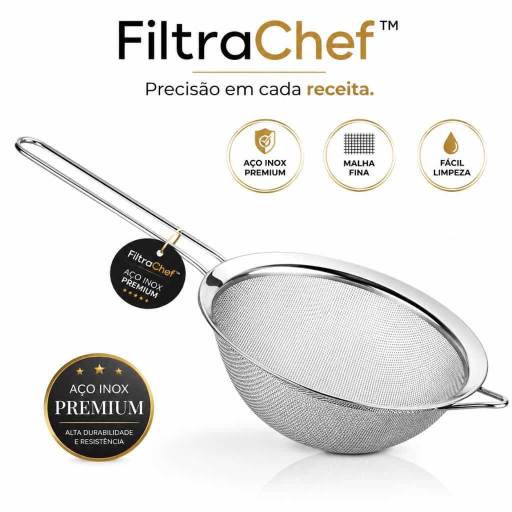 Peneira Aço Inox 18cm Malha Fina Coador de Alimentos Farinha Açúcar FiltraChef™