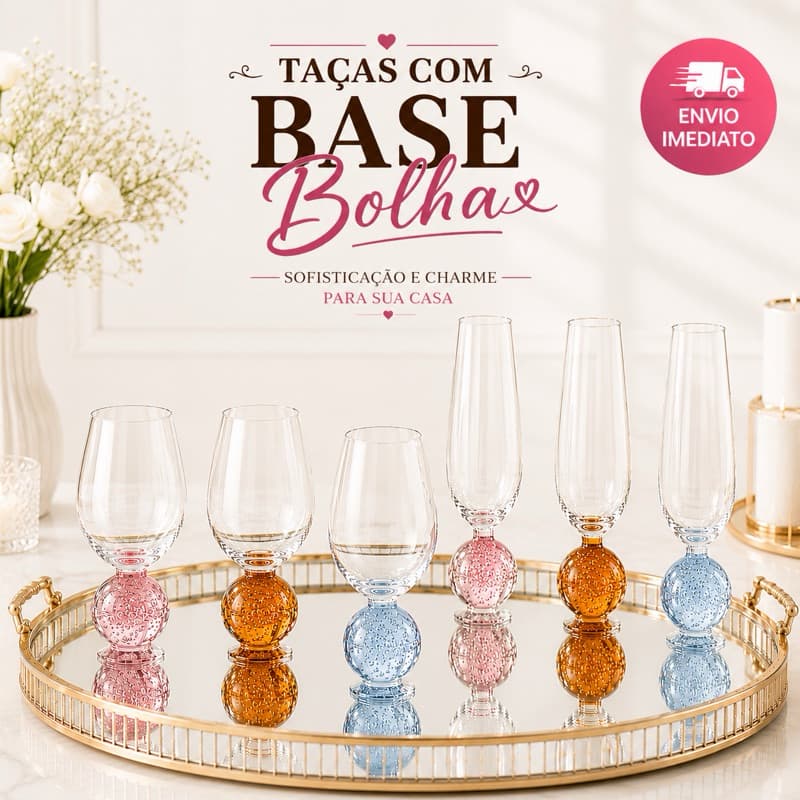 Conjunto Taça Kit 2, 4, 6 Unidades Vidro Transparente 350ml Esfera Orbe Mel Azul Rosa Bubble Luxo Água Vinho Espumante