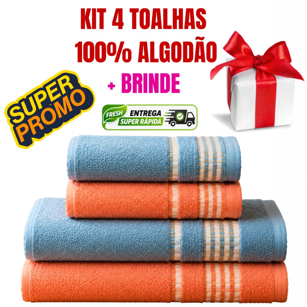 Kit 4 Toalha Banho Rosto Azul E Rosa 100% Algodão Decoradas Secagem Rápida Cores Lindas