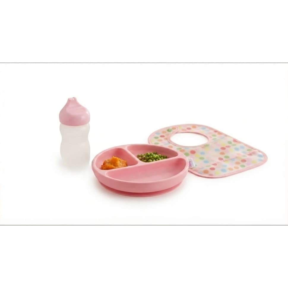 Kit Alimentação Infantil Rosa 3 Peças com Prato Redondo de Silicone com Ventosa, 3 Divisórias, Babador e Copo