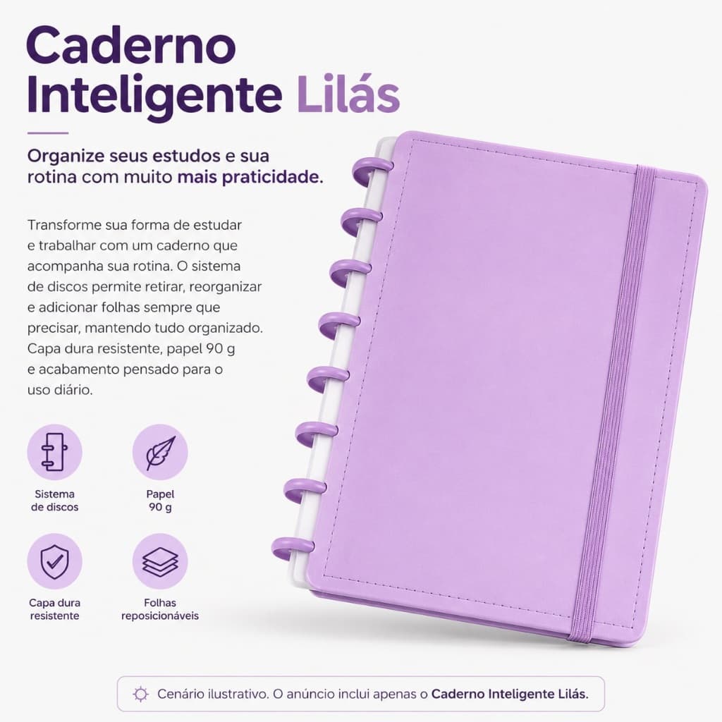 Caderno Inteligente Lilás Grande A4 Disko Capa Dura Disco Reposicionável 80 Folhas